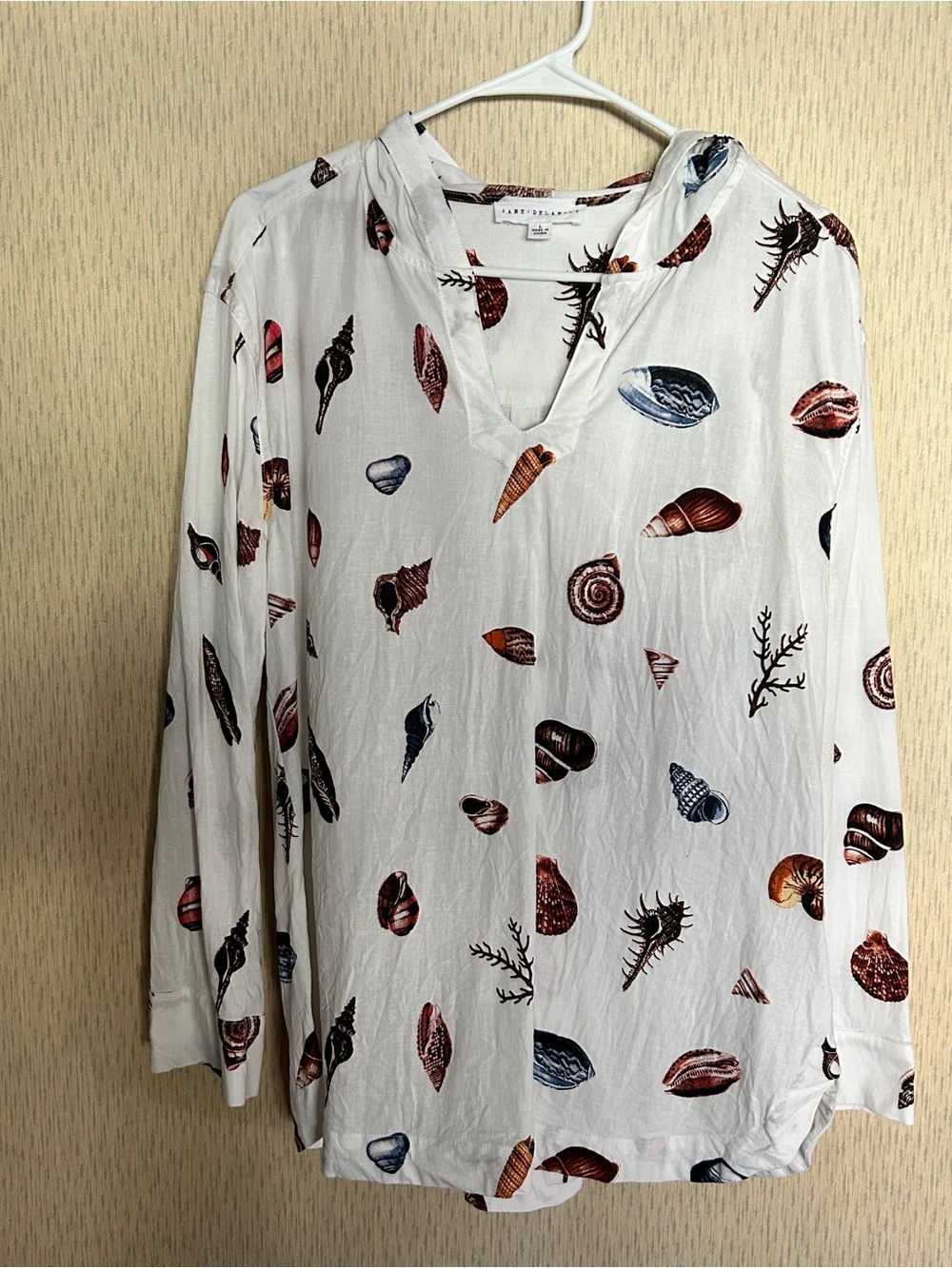 Jane + Delancey White Linen Seashell Hooded Long Sleeve Top Size Large